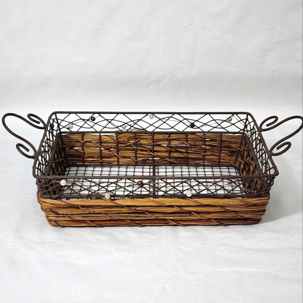 Rustic Rectangular‎ Woven Wicker Basket With Wire Handles and Frame